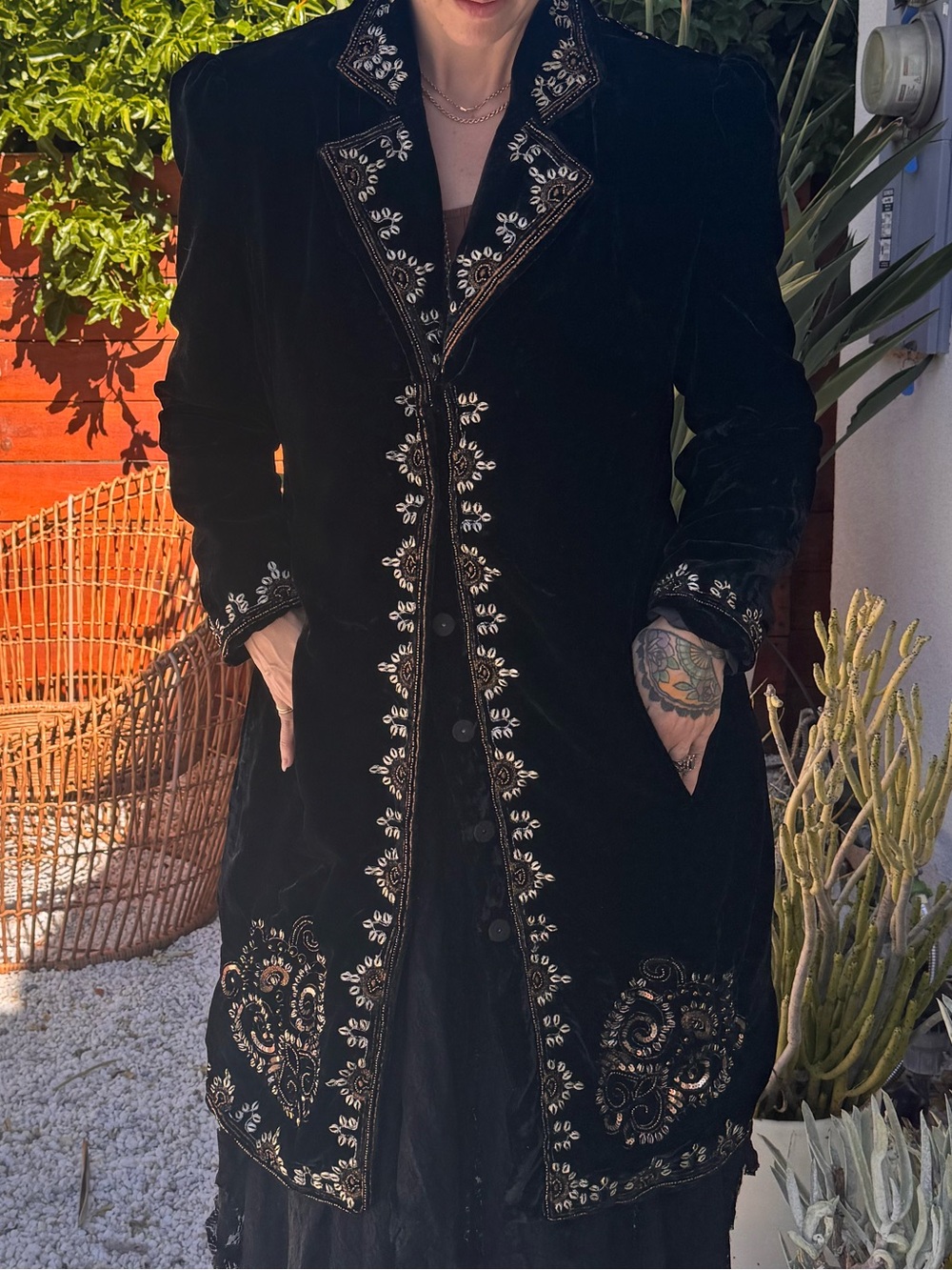 Black Velvet Embroidered Long Trench Coat